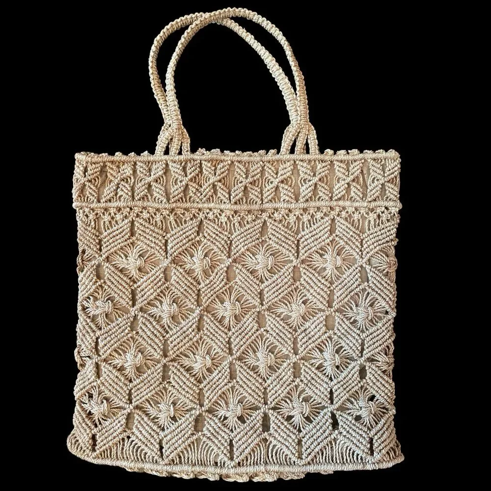 Macame Jute Boho Organic Lined Textured Handles Bag Vintage - Picture 2 of 9